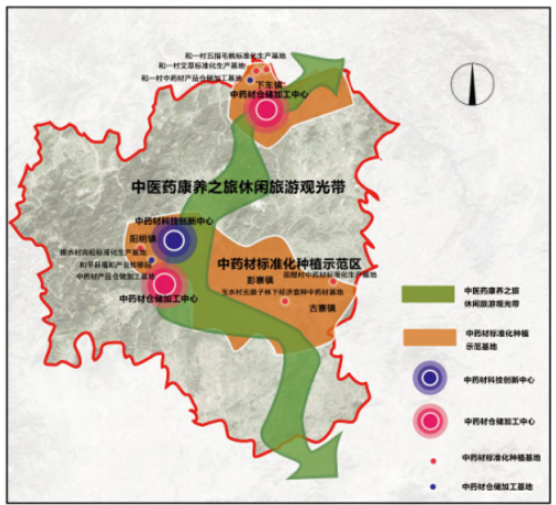 和平县森林药材产业发展项目的“一带、一区、两心、多基地”空间功能布局图