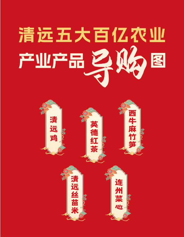 由清远市农业农村局、南方农村报社等制作的清远五大百亿农业产业产品导购图。