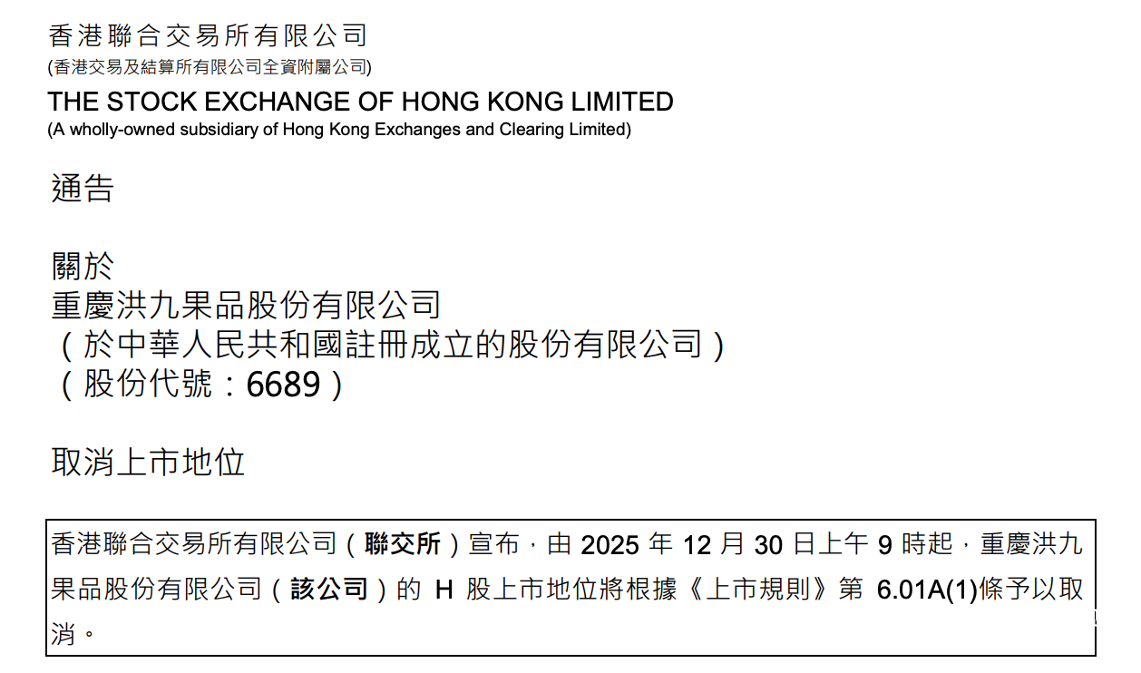 上市仅40个月，财报仍未发出！水果第一股洪九果品确定退市