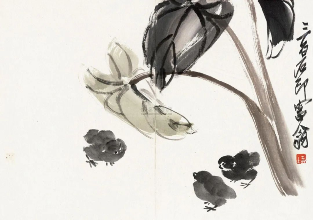 齐白石爱画离谱芋，图为《芋头小鸡》。