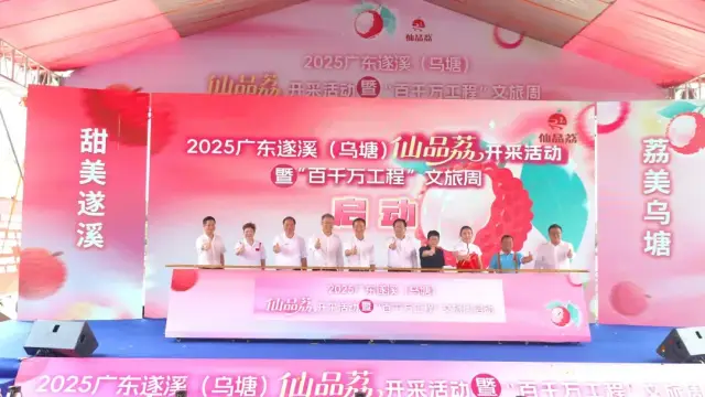 广东遂溪（乌塘）仙品荔开采活动暨“百千万工程”文旅周启动，领跑广东荔枝销售“第一棒”。