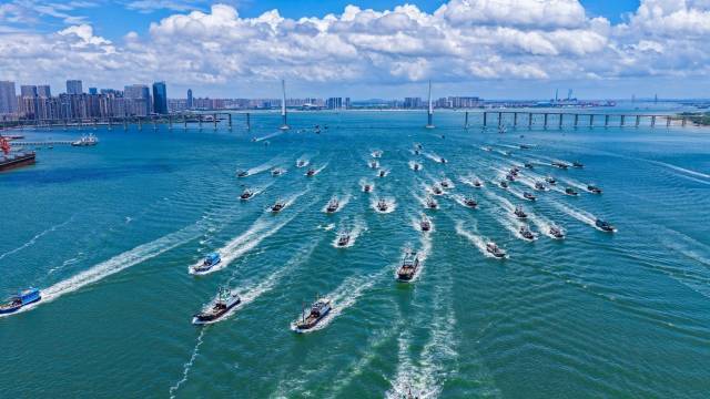 上百艘渔船穿越湛江海湾大桥，驶向深海。