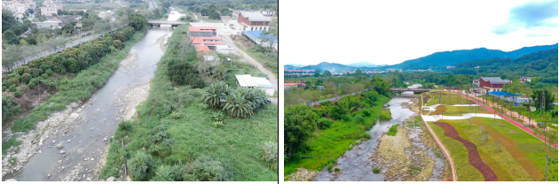 大南河龙山塘村段治理前后对比。