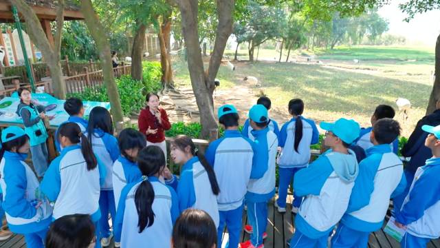 科普研学游活动现场，研学导师正在给学生们讲解丹顶鹤相关知识  