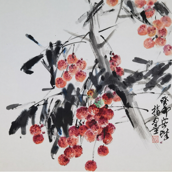 蔡岳城以高州荔枝为主题创作的手指画。受访者供图