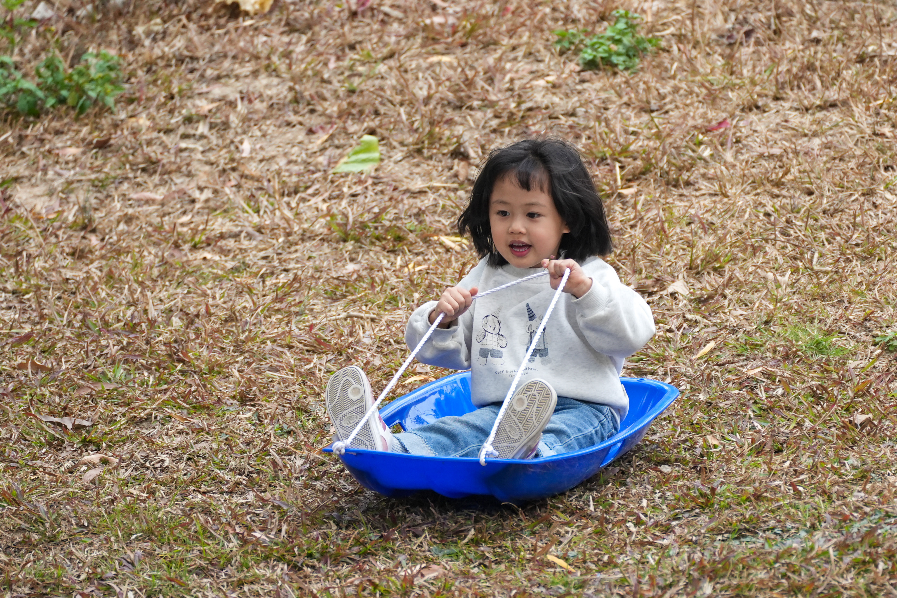 小女孩在草地上滑草。&nbsp;