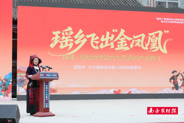 大化瑶族自治县人民政府副县长蓝艳宇全方位讲解了七百弄鸡产业。