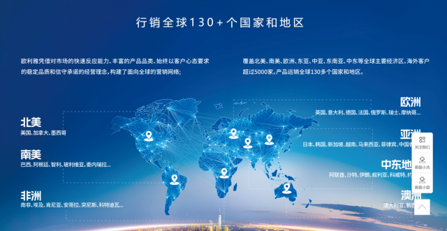 欧利雅的产品行销全球130+个国家和地区