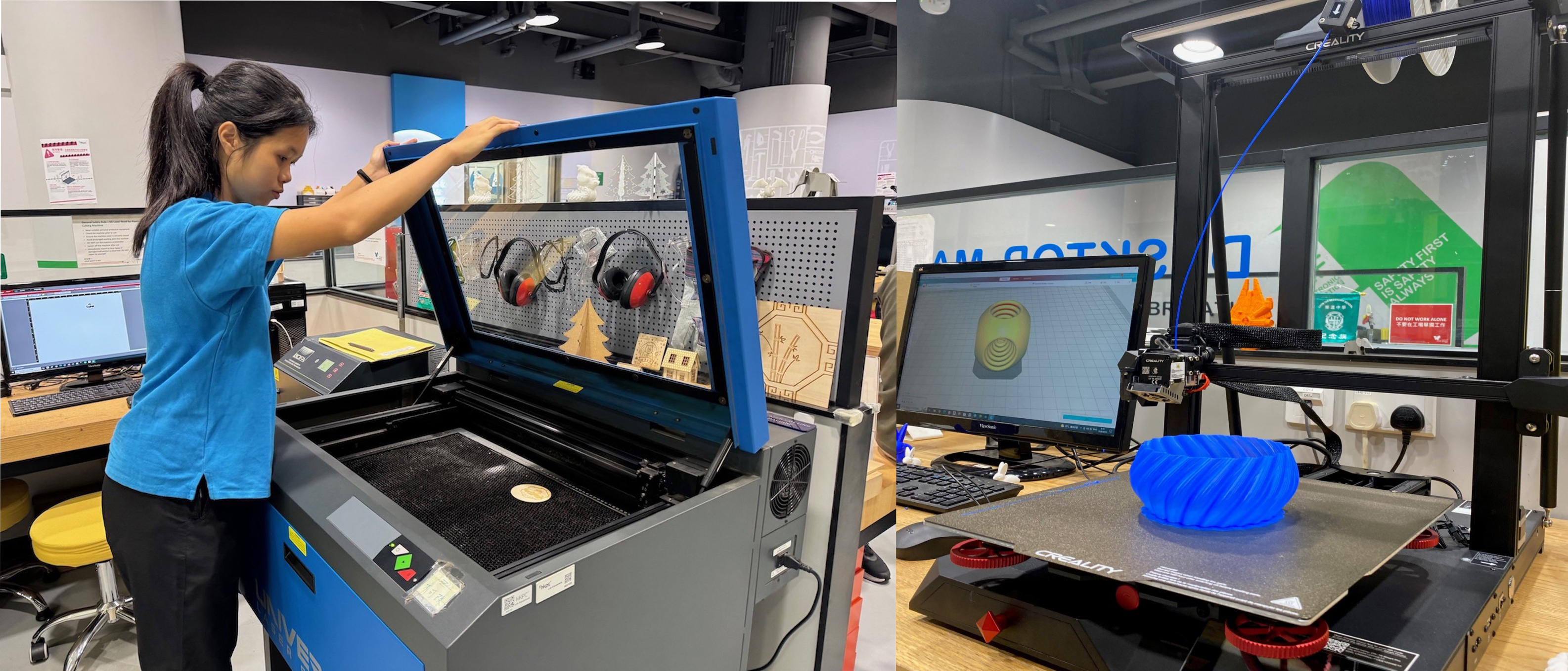 参与创客实作体验活动的同学可沉浸式体验使用3D打印机和雷射雕刻切割机，将创意转化为实物。