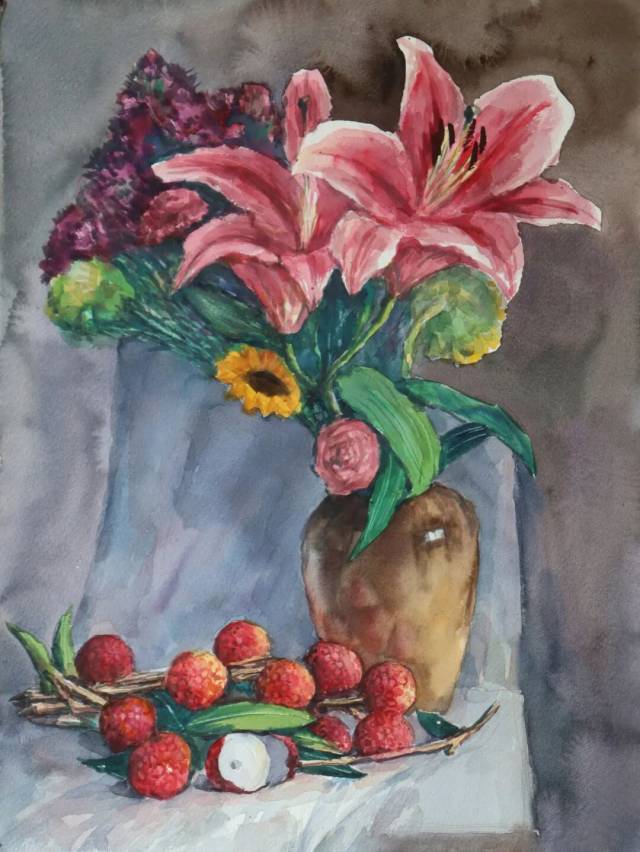 《 有家乡荔枝的静物》水彩 36×48cm 2025