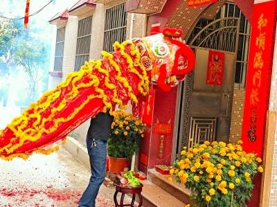 正月初五“接财神”，佛山乐从劳村上演百年“狮过巷”