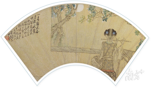 (清)钱慧安、任淇 月下横笛图·楷书扇面(局部) 纸本设色 33.5×61cm (清)钱慧安、任淇 月下横笛图·楷书扇面(局部) 纸本设色 33.5×61cm