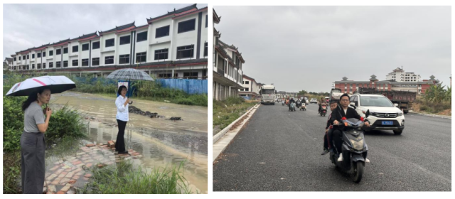 田阳区第九小学、第一幼儿园校门口道路修缮前（左）后（右）对比