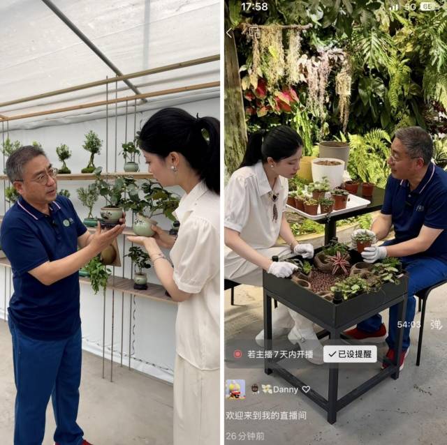 源态泡泡泥植物工场负责人张伟海与南方农村报主播苗苗在直播间联手推介佛山优质绿植。
