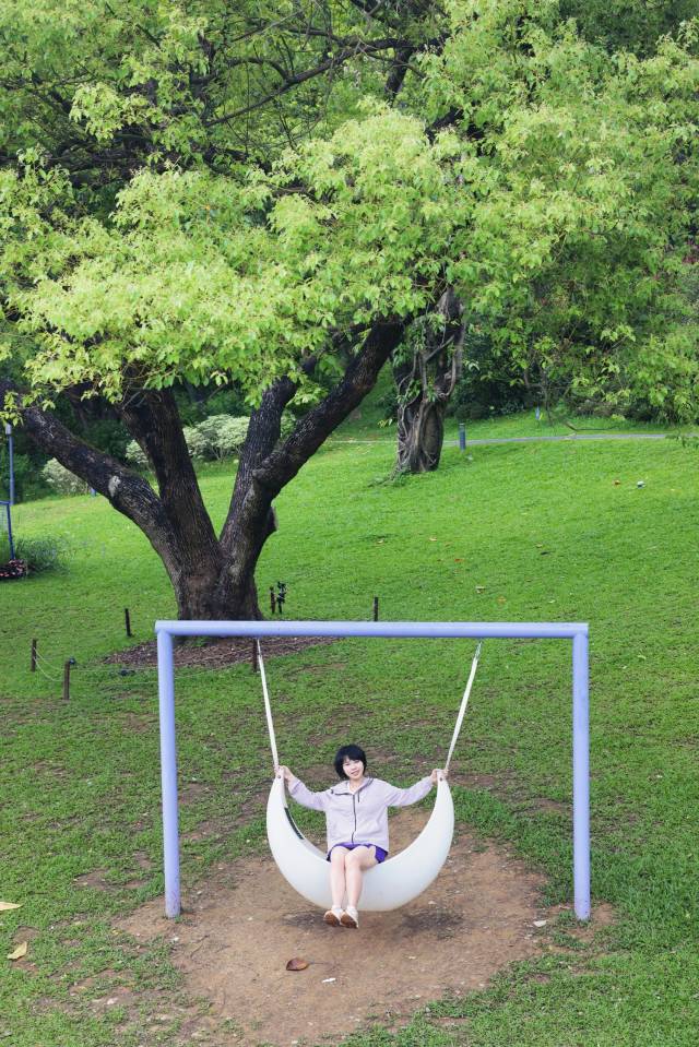 老樟树下的月亮秋千摇摇晃晃，舒适惬意。