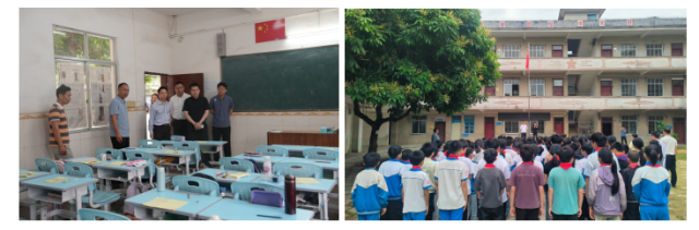 左：实地查看大联小学新购置课桌椅使用情况；右：举办安全教育与应急逃生课程