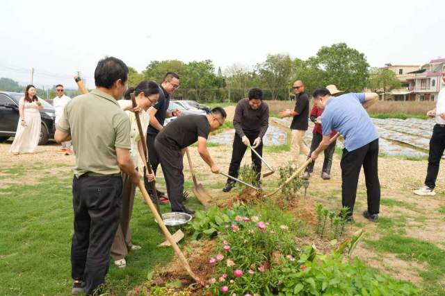 与会嘉宾挥动铁铲种下咖啡树。