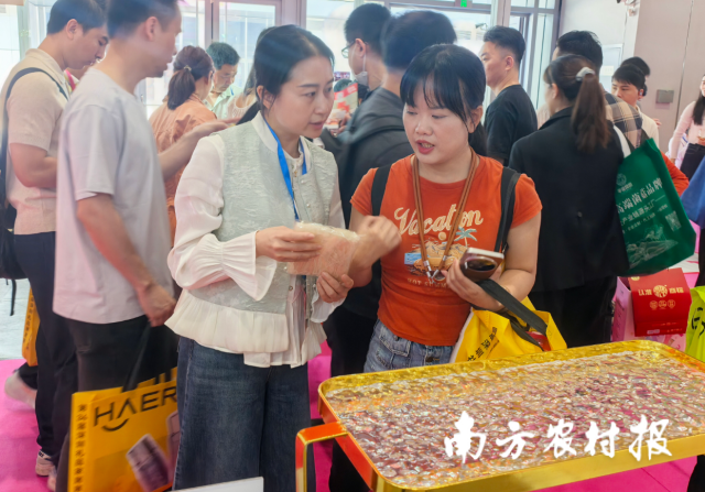 韶关始兴沈所镇参展负责人在深圳礼品家居展推介宰相粉等特色农产品。