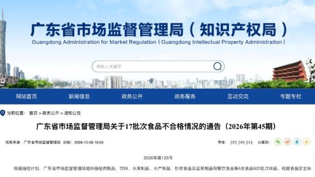 省市场监督管理局通报17批次食品不合格，中山这家店被点名
